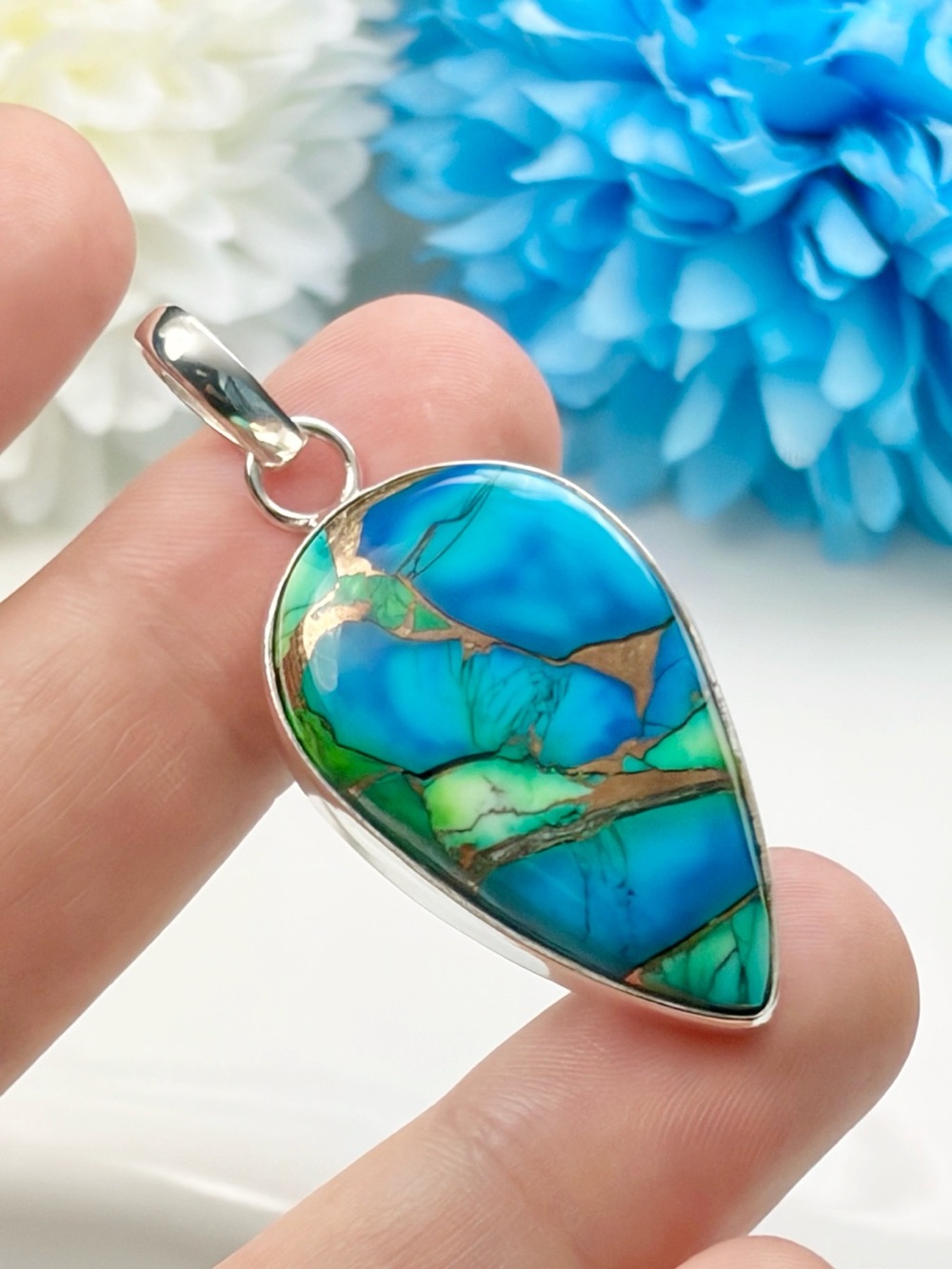 Pure Sterling Silver 925 Genuine Peacock Dahlia Turquoise Pendant Fine Pear New